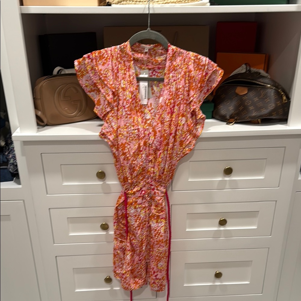 Poupette St. Barth Orange and White Flutter Sleeve Sundress